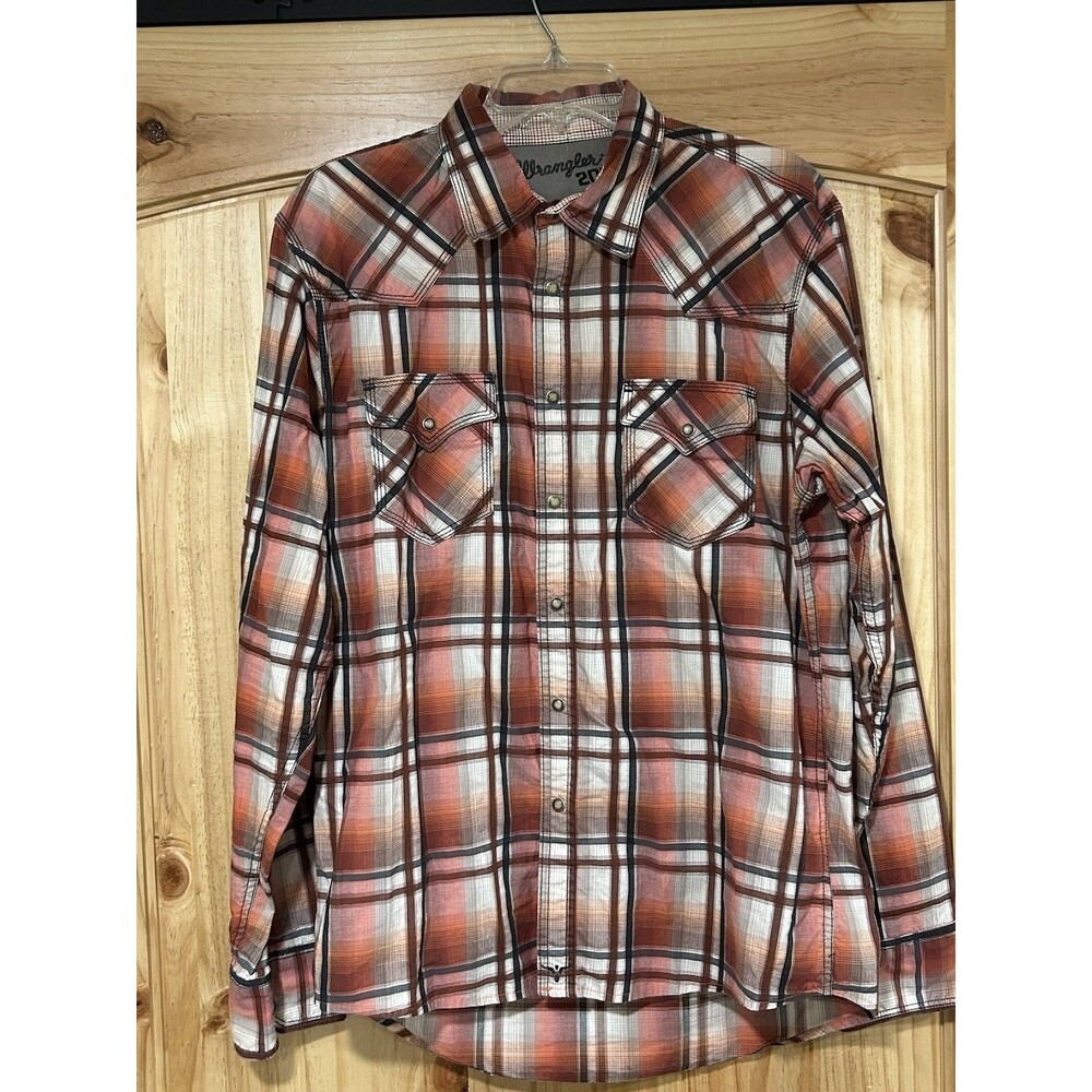 Wrangler 20X Shirt Men’s Western Pearl Snap Shirt  Orange Red Plaid L